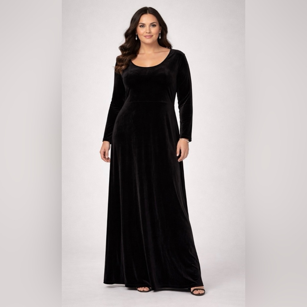 Lands’ End Women’s Size Large Black Velvet Long Sleeve Maxi Dress 14–16